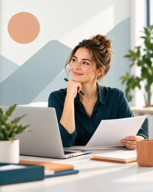 Nachdenkliche Frau sitzt an einem Schreibtisch mit Laptop und Dokumenten in einem hellen modernen Arbeitsraum.