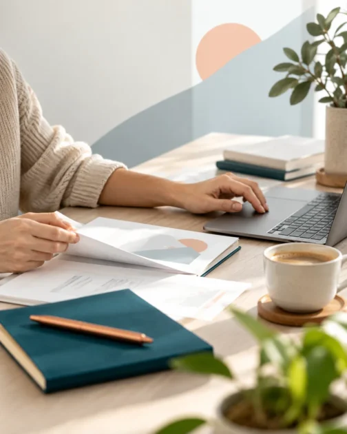 Person arbeitet an einem Laptop und prüft Unterlagen auf einem aufgeräumten Schreibtisch mit Kaffee und Notizbuch.
