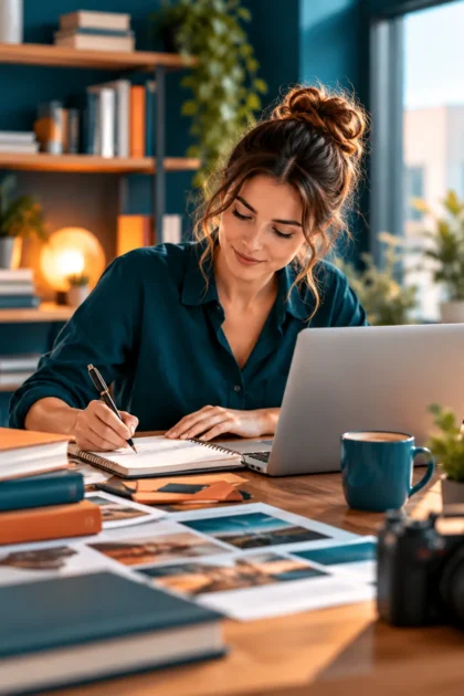 Kreative Autorin schreibt Ideen in ein Notizbuch und arbeitet an einem Laptop in einem modernen Arbeitszimmer mit Büchern und Unterlagen.