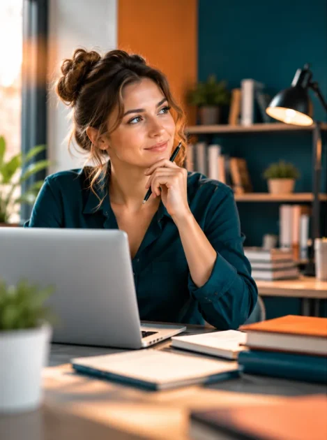 Kreative Autorin sitzt nachdenklich mit einem Stift am Laptop in einem modernen Arbeitszimmer mit Büchern und Notizbüchern.