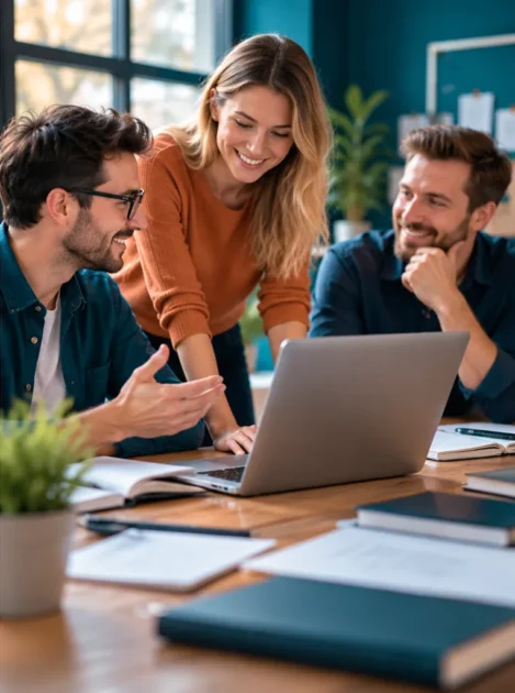 Drei Autoren tauschen Ideen aus und besprechen gemeinsam Inhalte an einem Laptop in einem modernen Büro.