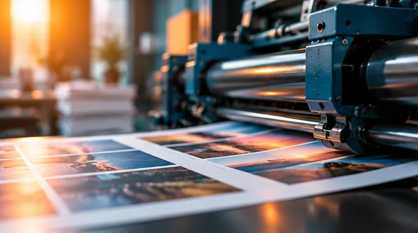 Moderne Druckmaschine produziert hochwertige Farbdrucke in einer professionellen Druckerei mit warmem Licht.