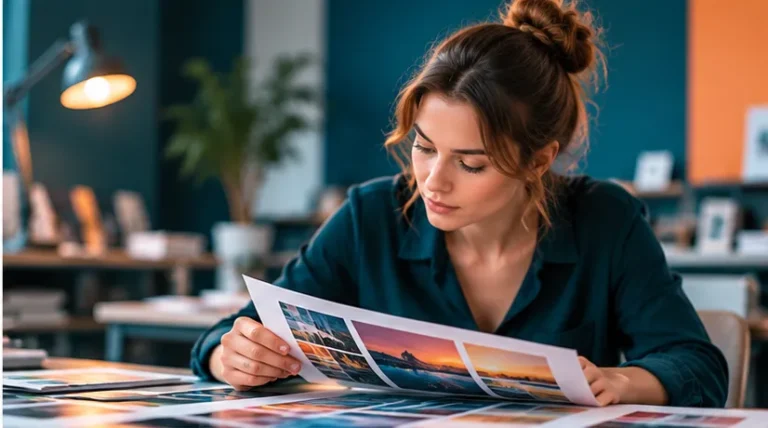 Kreative Designerin prüft gedruckte Bilder und Farbgestaltungen an einem Arbeitsplatz in einem modernen Studio.