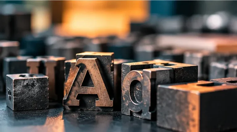 Traditionelle metallene Druckbuchstaben auf einer Arbeitsfläche symbolisieren Typografie, Kreativität und Gestaltung.