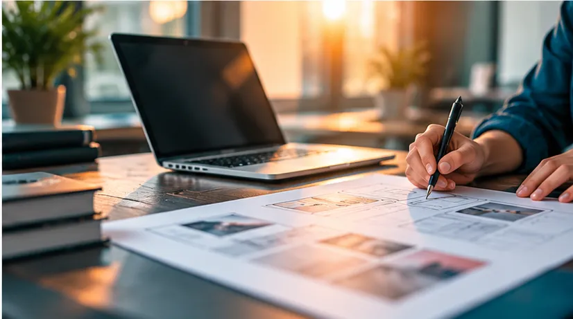 Kreativer Arbeitsplatz mit Laptop und Designentwürfen, während eine Person neue Layouts auf Papier skizziert.